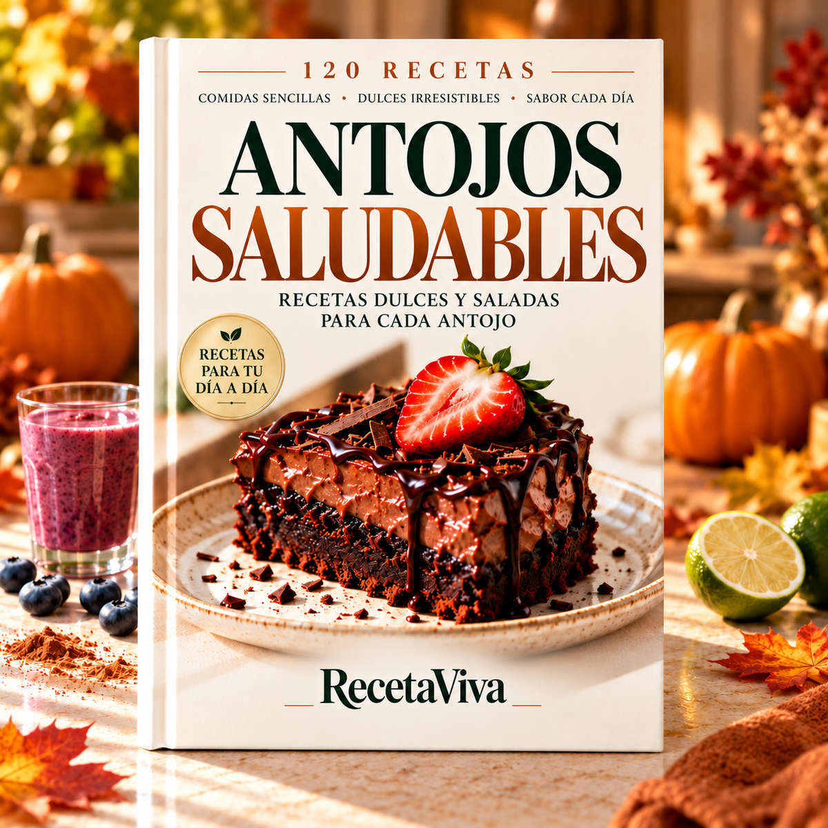 Portada del recetario Antojos saludables de RecetaViva, con 120 recetas en español